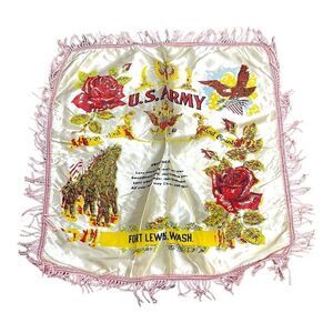 Vintage U.S. Army Silk Pillowcase Fringe Fort Lewis WA  "Sweetheart" Poem Fringe